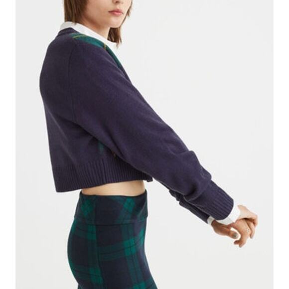 2/$30 DIVIDED by H&M Cardigan Size S Navy Blue Cropped Plaid Green - Picture 8 of 8